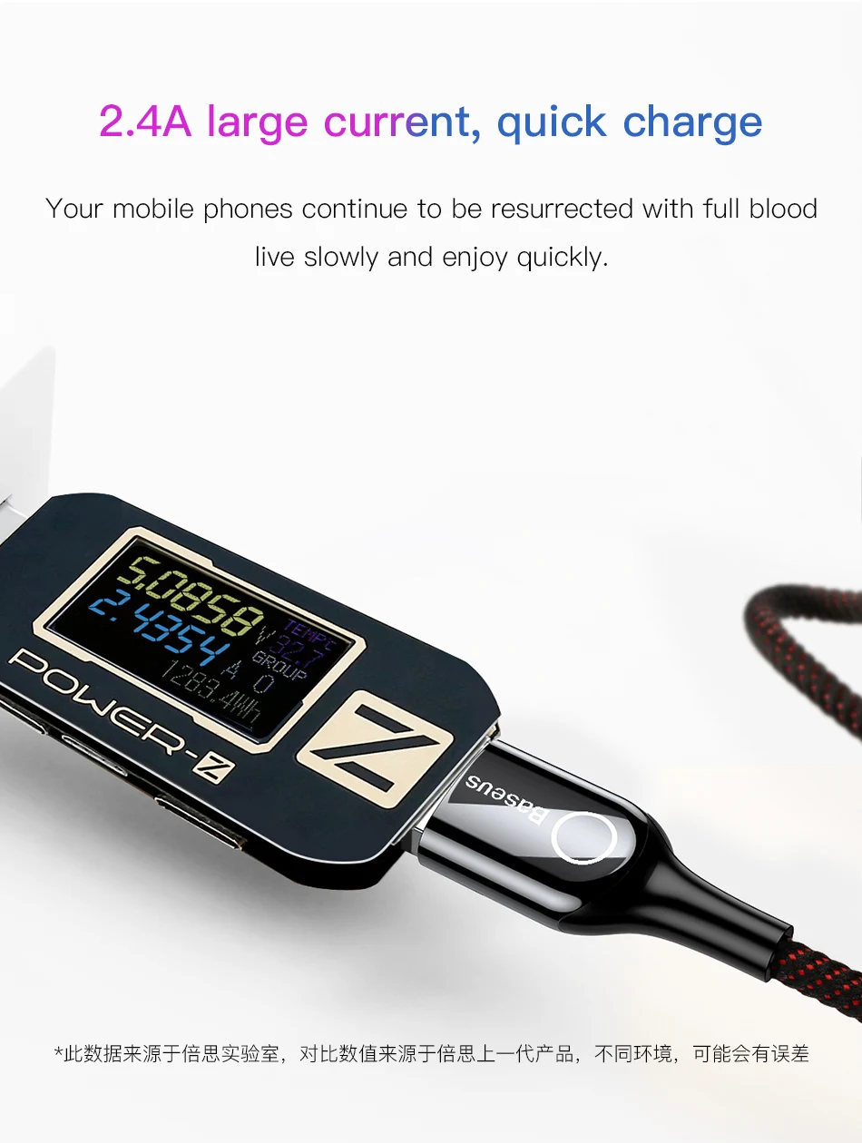 Светодиодный usb-кабель Baseus для iPhone XS Max, XR, X, 8, 7, 6, 6S Plus, SE, автоматическое отключение, 2.4A, кабель для быстрой зарядки, кабель для передачи данных