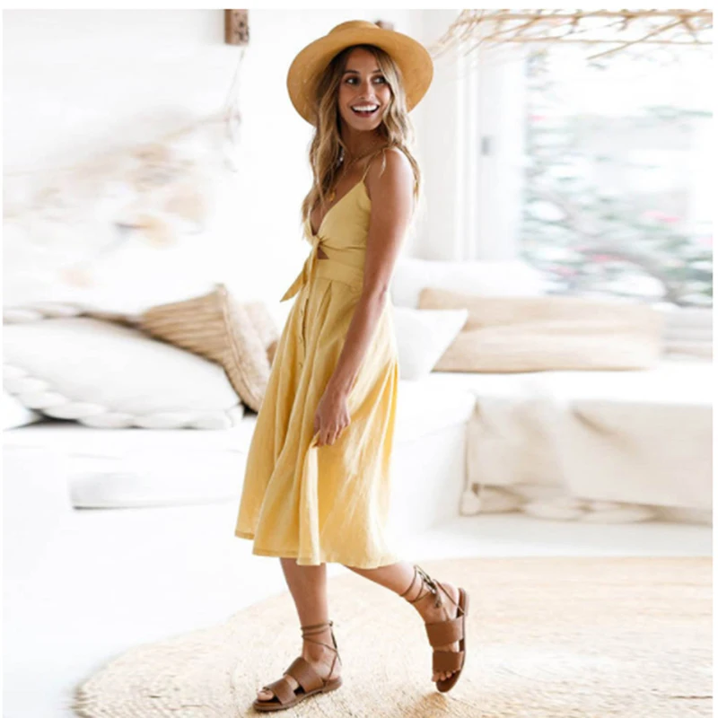 Однотонное пляжное летнее платье для женщин 2019 женское с глубоким v-образным