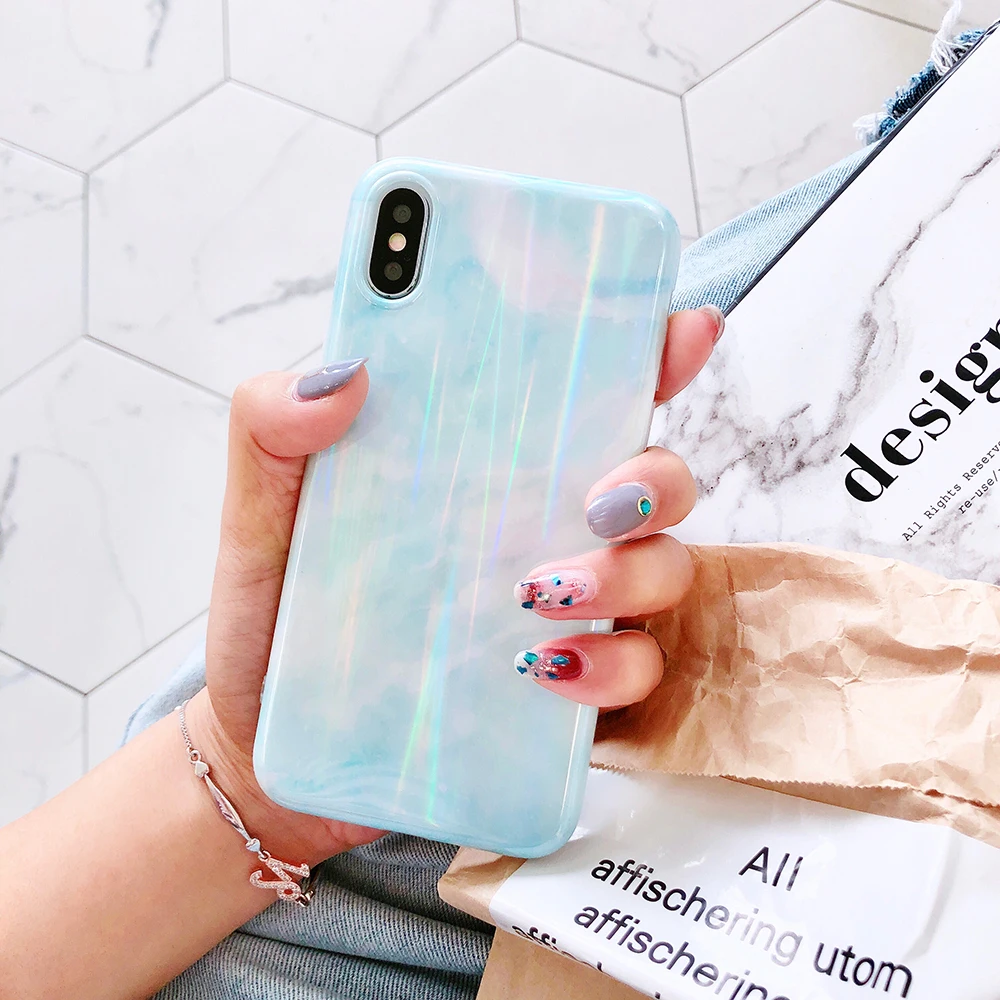 Чехол для iPhone X Xr Xs Max корейский лазерный чехол из мягкого ТПУ с мраморной кожей