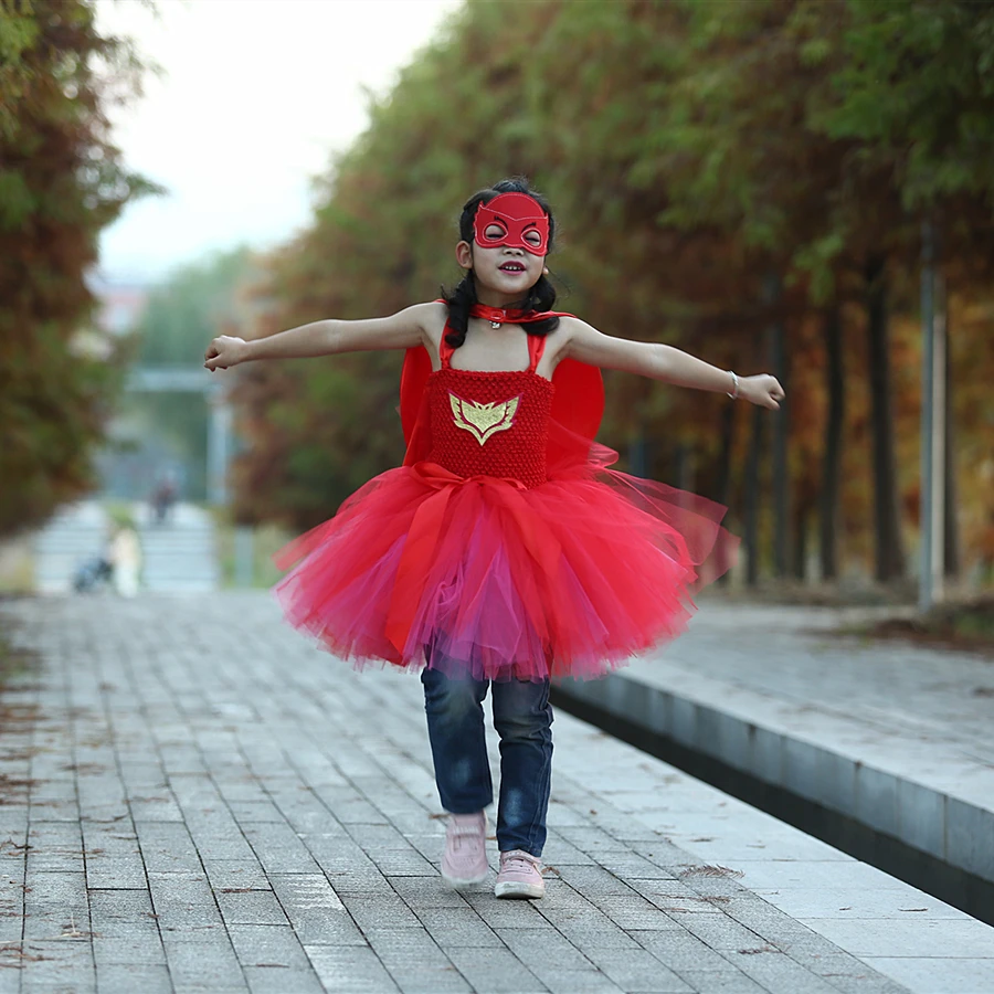 [Masked LITTLE HERO] [Owl Girl] Cos Tutu Dress Set Hero Costume Kids Princess Fluffy Gauze Red Birthday Party Outfit | Детская одежда и