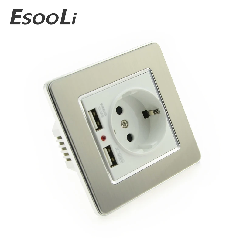EsooLi розетка мощность 16A ЕС стандартный выход с 2A двойной usb-порт для зарядки для мобильного телефона нержавеющая сталь USB разъем питания