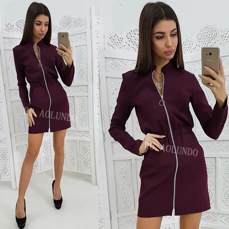 Для женщин на молнии воротник-стойка Мини-платья 2019 Демисезонный тонкий