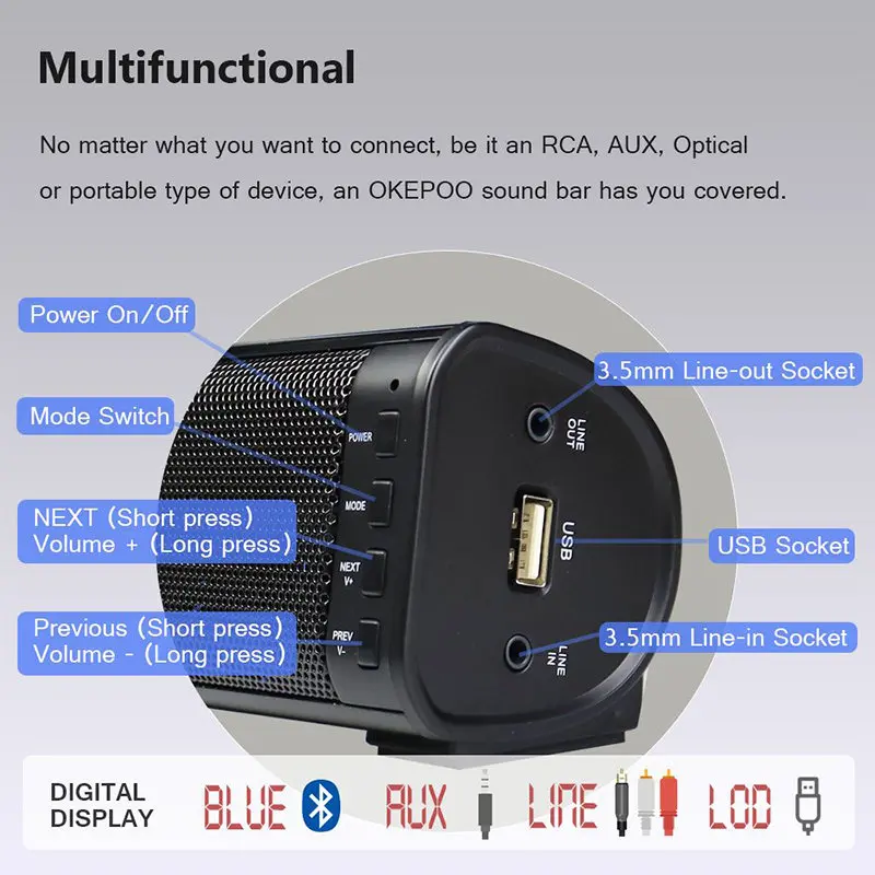 OKEPOO Bluetooth ТВ Саундбар 29,5 ''2,0 канальный аудио стерео 40 Вт Оптический RCA 3D объемный домашний кинотеатр система настенное крепление