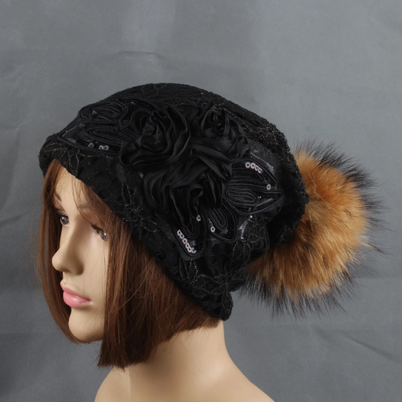 Осенняя шапочка-бини, шапка из меха норки с помпоном, шапки Skullies Beanies, женская модная повседневная кружевная сетчатая шапка, шапка с цветочным принтом, вязаная шапка с подкладкой