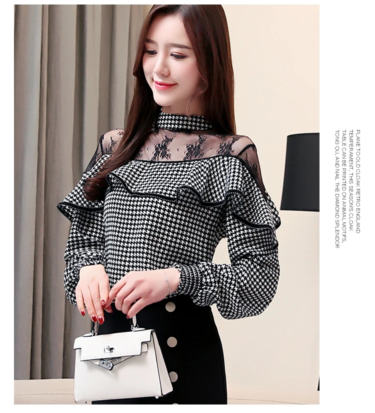 Blusas femininas, элегантные рубашки, Женские топы и блузки, шифоновые кружевные клетчатые Женские топы со стоячим воротником, одежда, полная 2460 50
