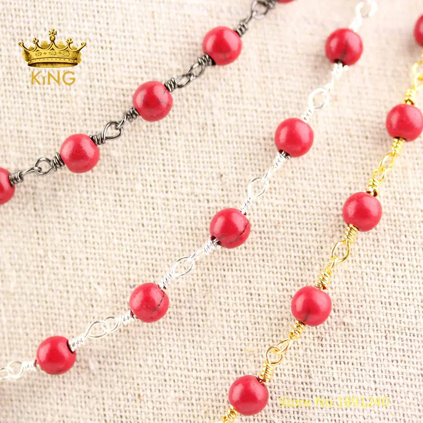 Цепочки для ожерелья с красными бусинами Howlite 5 метров оптом 6 мм круглые медные