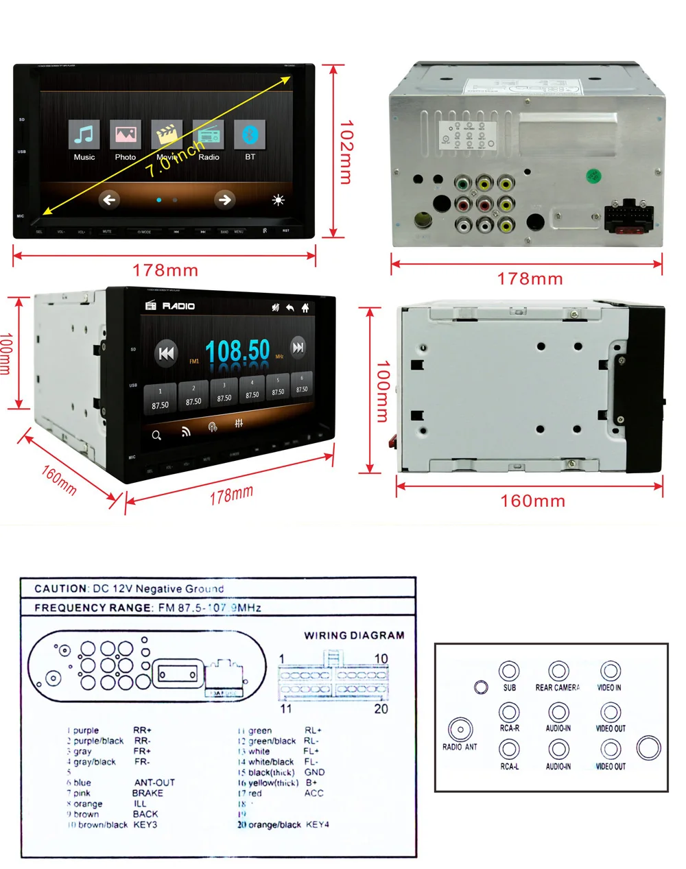 Автомагнитола 2 Din 7 дюймов Bluetooth Сенсорный экран аудио стерео Mp3 Mp5 плеер Usb Поддержка Sd/mmc fm-передатчик In-dash плееры
