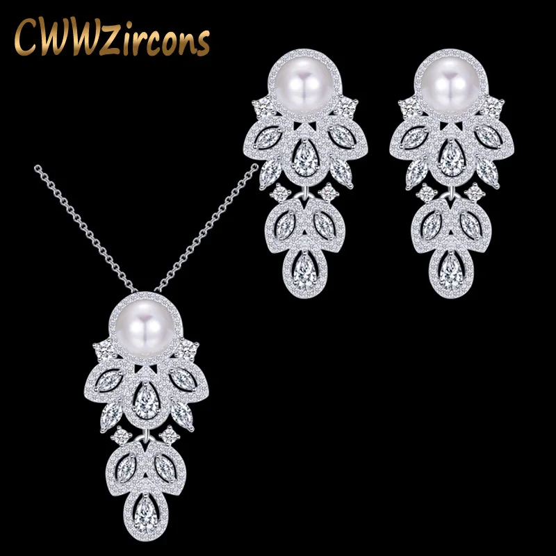 white CWWZircons модный бренд длинные Висячие CZ Кристалл 925 пробы Серебряное Жемчужное ожерелье серьги Ювелирные наборы для женщин T164 - Окраска металла: white