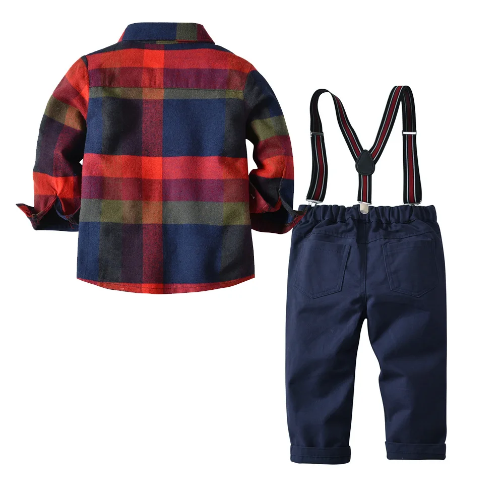 2Pieces Kids Boys Clothes Sets 2019 Spring Plaid Stripe Shirts+Suspender Jeans Pant Bow Tie Children Boy Outfits | Детская одежда и