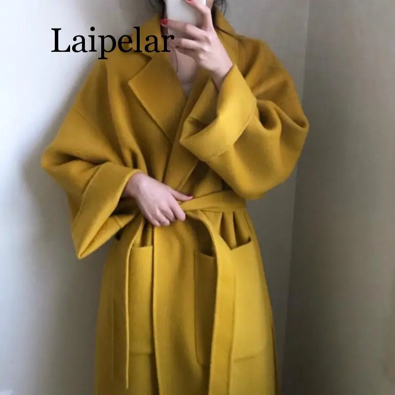 Laipelar женское Элегантное зимнее кашемировое пальто длинное Бандажное шерстяное пальто кардиган свободного размера плюс