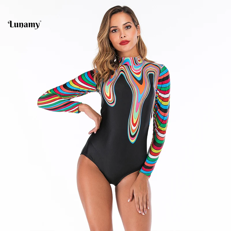 Lunamy, винтажный Цельный купальник с принтом, слитный купальник, Maillot De Bain Femme, сексуальный купальник на молнии спереди, женский купальник