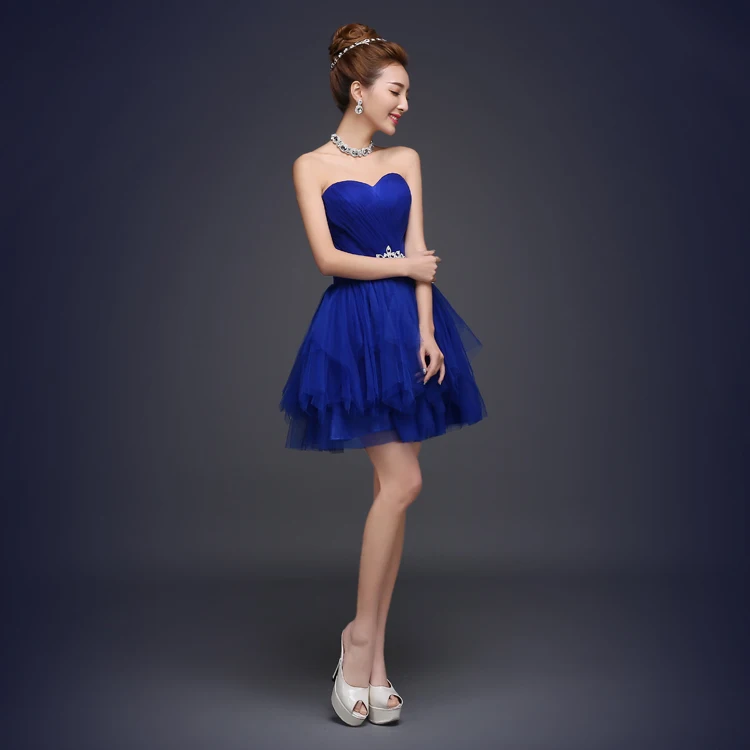Королевский синий платье подружки невесты симпатичные мини паффи кружева платья