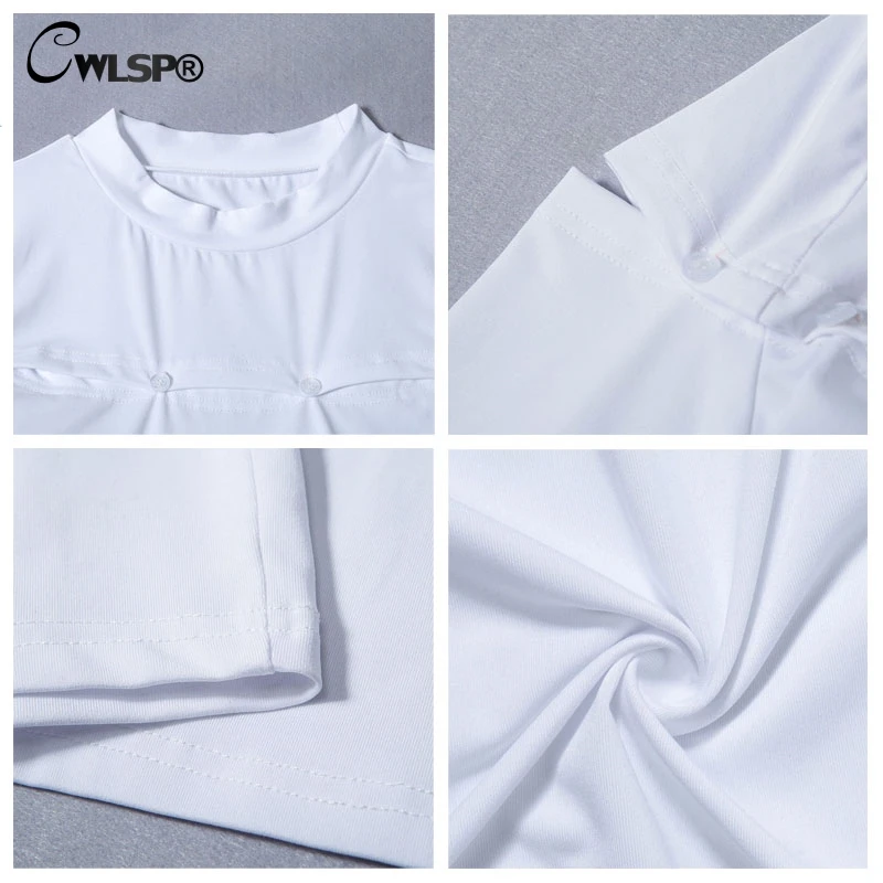 

CWLSP White One Shoulder Hollow Out Dress Woman Autumn O Neck Slim Dresses with Buttons Solid vetement femme 2018 QZ3100