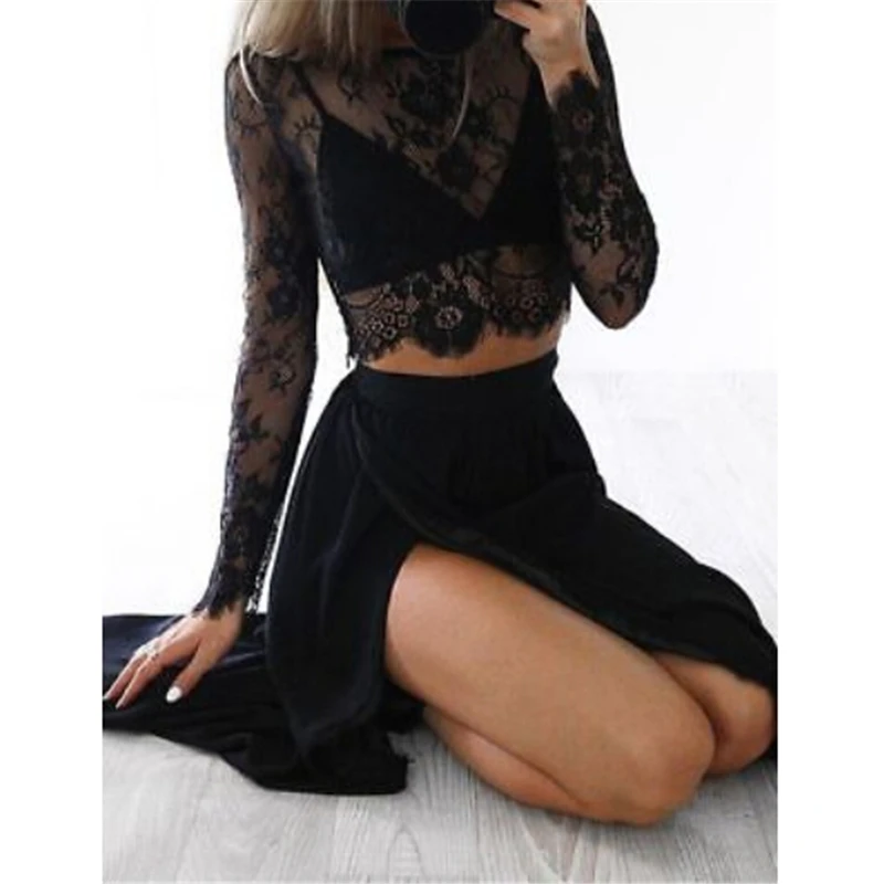 

2018 New Fashion Clothing Sets Sexy Long Sleeve Lace Embroidery Tops Long Split Evening Party Ball Gown Prom Bridesmaid Clothes