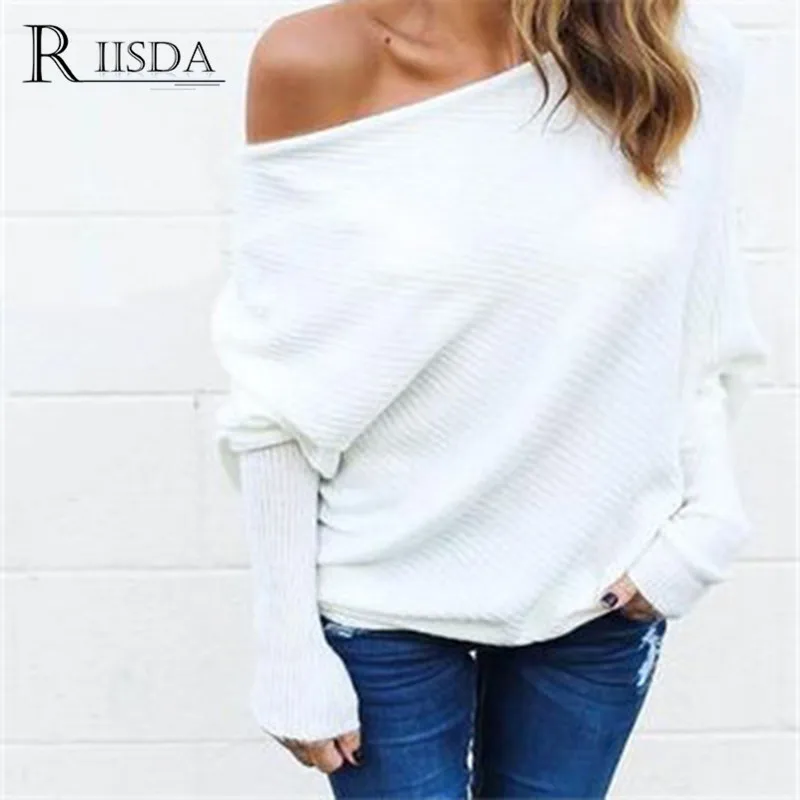 RIISDA Brand Fashion Women Sweater and Pullover Full Sleeve Solid Knitted Sweaters Casual Off Shoulder Jumper Tops 2018 | Женская одежда