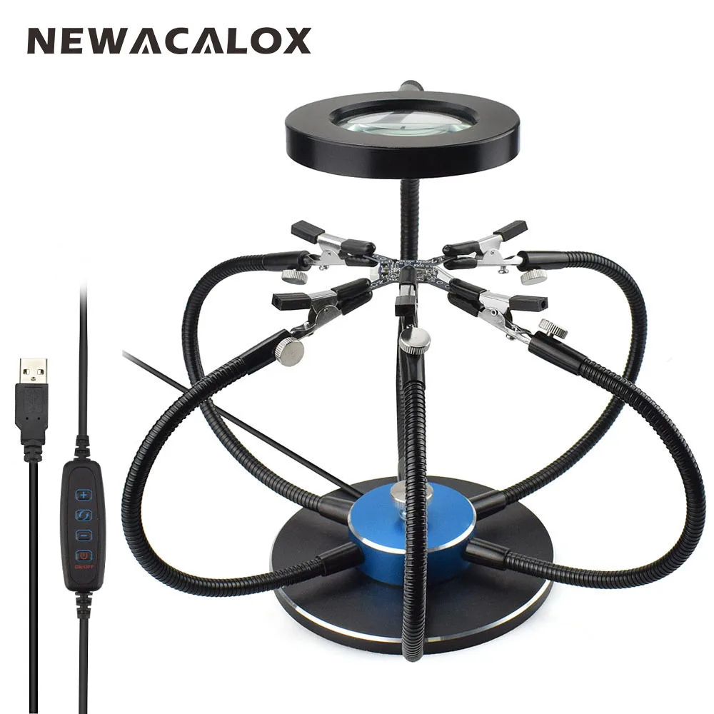 NEWACALOX держатель паяльника паяльная станция USB 3X увеличительное стекло светодиодный свет 6 шт. гибкие руки Третий ручной сварочный инструмент