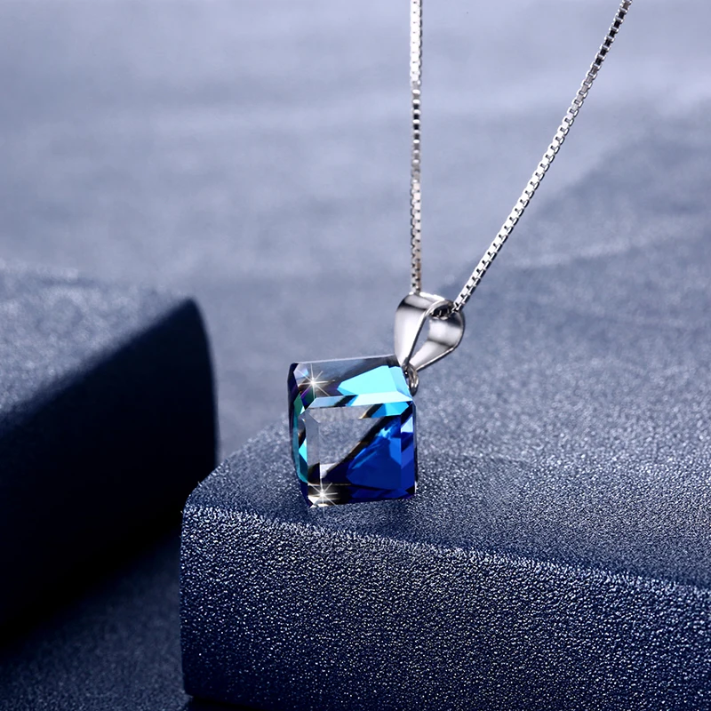 LEKANI Crystals From Swarovski Blue Cube Pendant Necklace Simple Trendy Collars Real S925 Silver Fine Jewelry For Women Girls | Украшения и