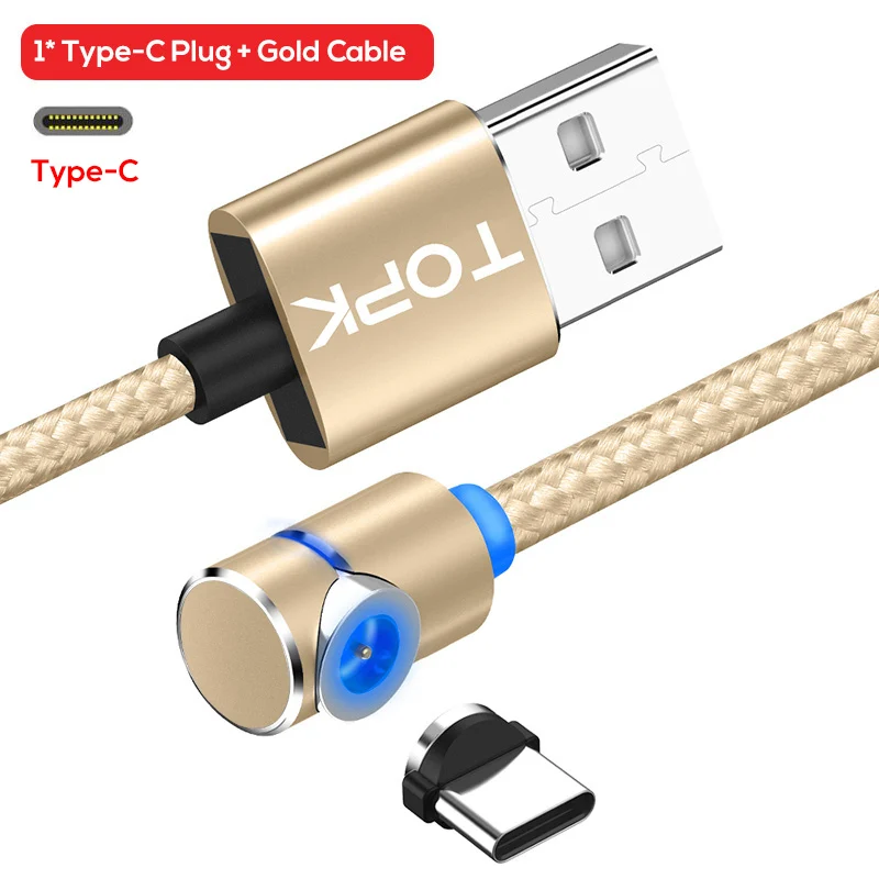 Gold Type-C Cable TOPK AM30 1 м и 2 м 90 градусов L Тип Магнитный кабель usb Тип C нейлоновая оплетка светодиодный индикатор type-C кабель для устройств USB C - Цвет: Gold Type-C Cable