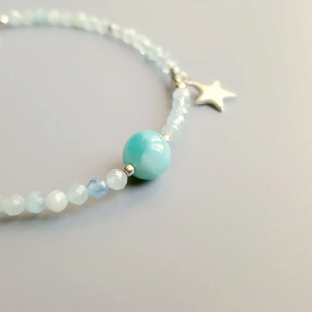 LII Ji реального Larimar природных Аквамариновый браслет 925 пробы серебро золото 18 K покрытием звезда очарование нежный браслет для Для женщин
