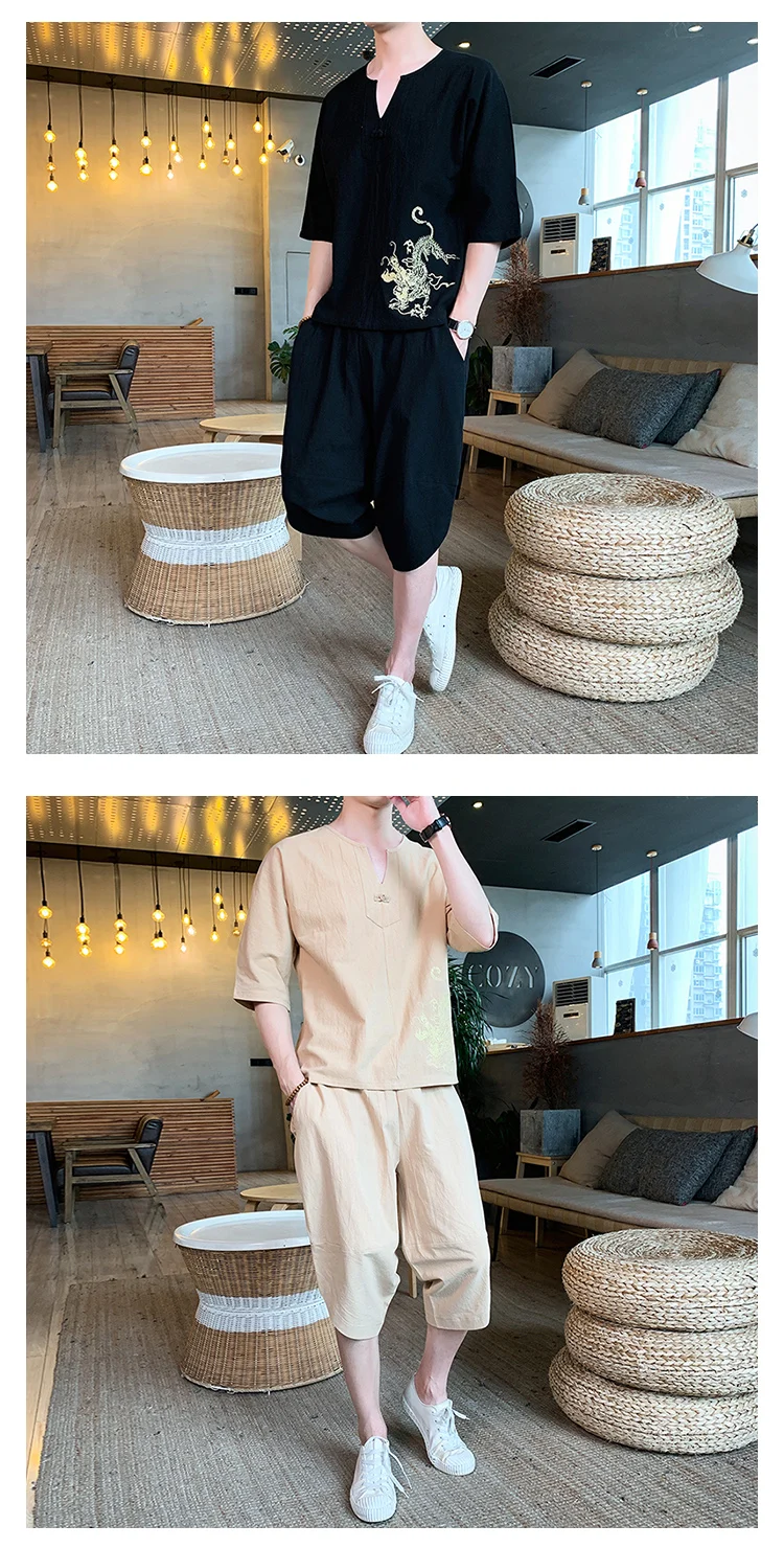 Sinicism Store, Мужской комплект, повседневный костюм, хлопковая льняная футболка, мужские шорты, Мужская футболка оверсайз, Мужская футболка, летний спортивный костюм с вышивкой