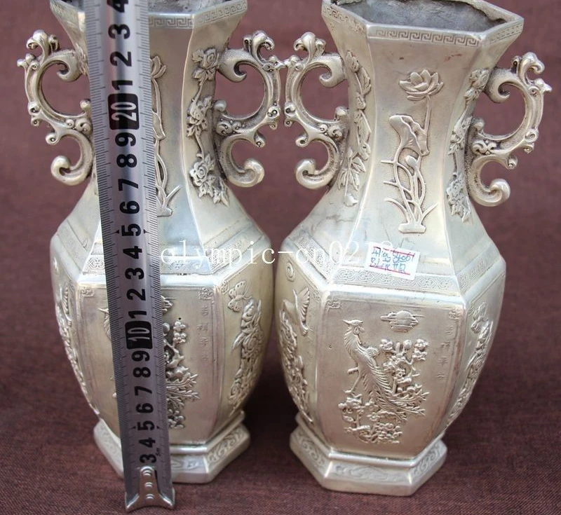 Пара 9 ''бронзовая Медь серебряное покрытие резные птицы цветочный дизайн ваза
