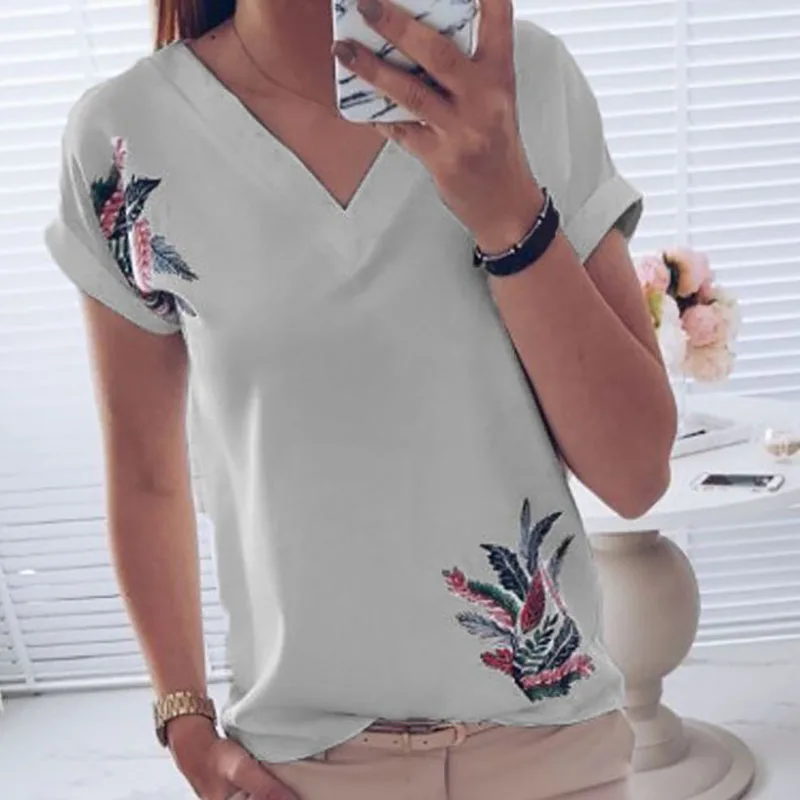 2020 New Summer Autumn Women Sexy V-Neck Short Sleeve T-Shirts Ladies Casual Fashion Flora Print Tops Tees Size S-XL | Женская одежда