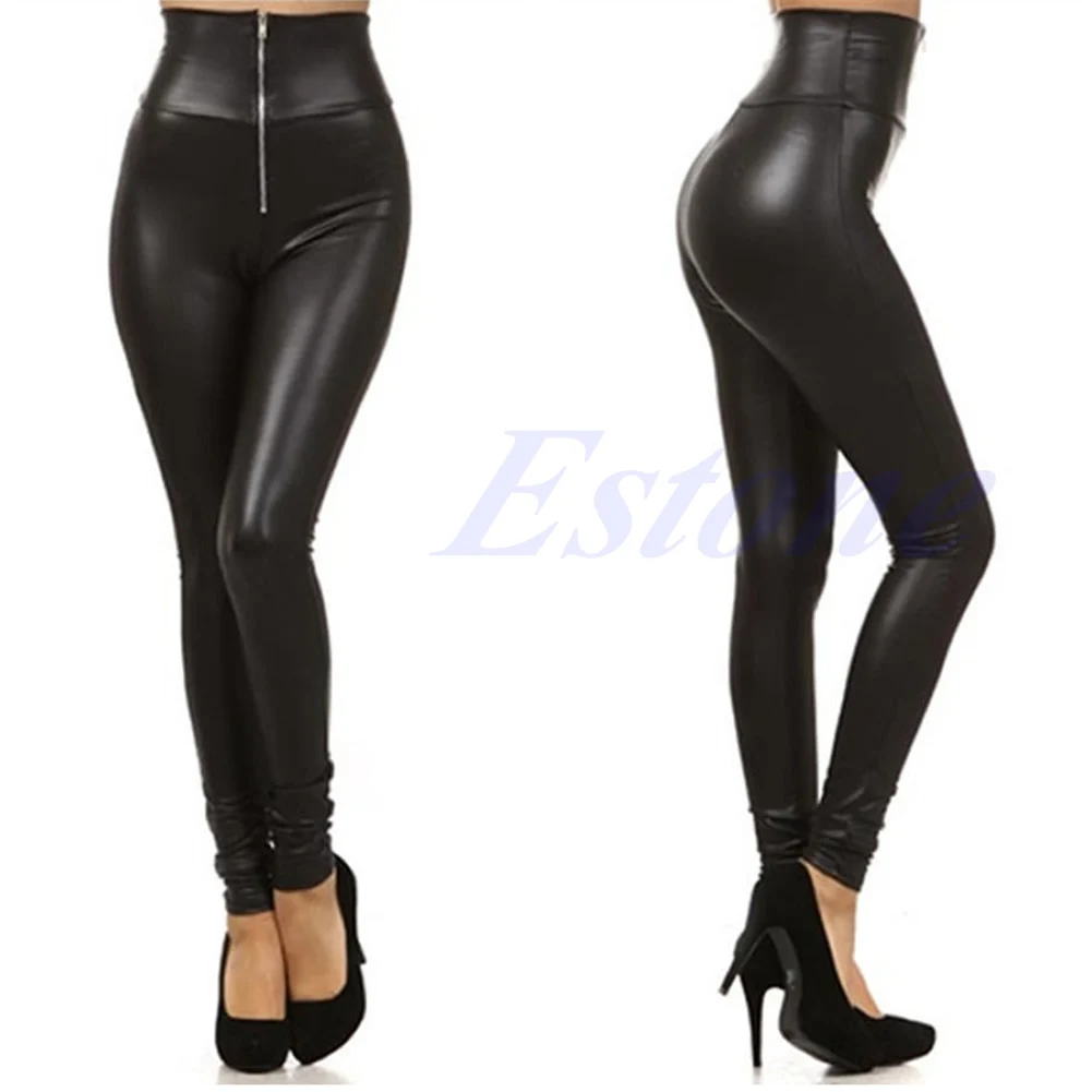 Sexy Lady Woman Faux Leather Leggings Zip Up Patchwork High-Waist Elastic Pants