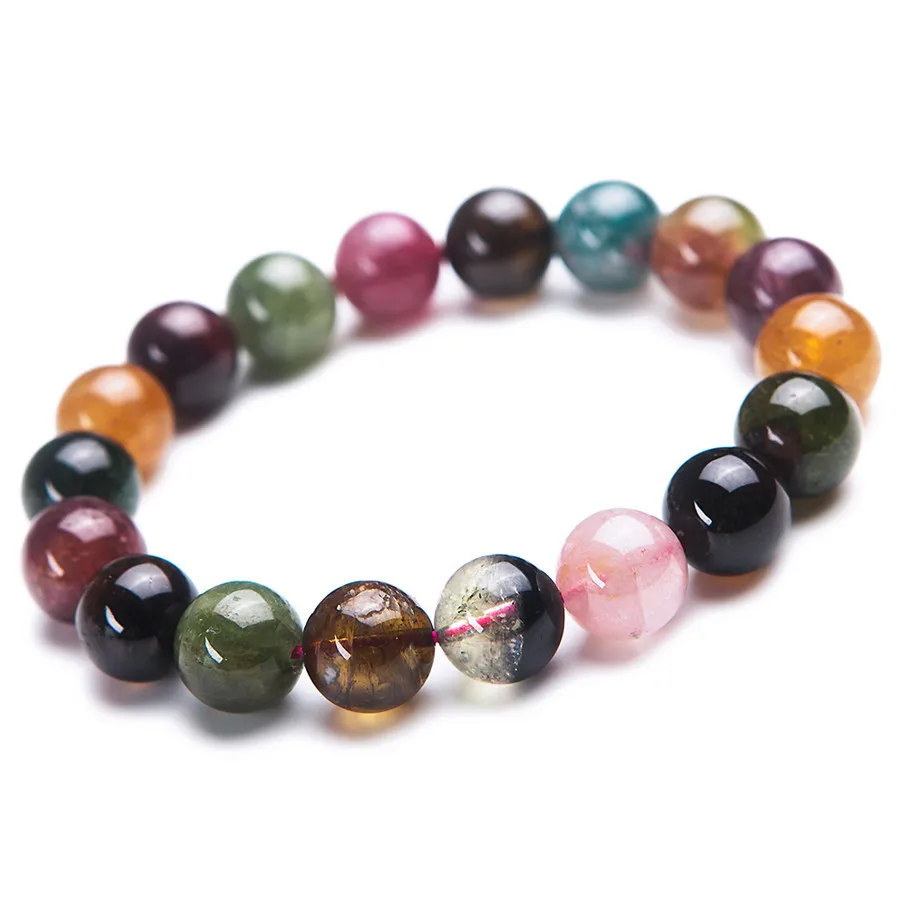 

11mm 100% Genuine Natural Tourmaline Bracelet Quartz Gemstone Crystal Stretch Colorful Round Bead Bracelets AAAAA For Women
