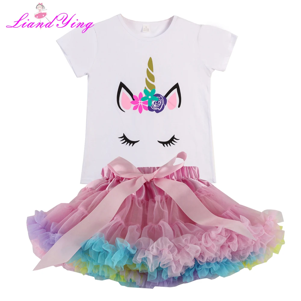 Летние комплекты одежды для девочек радужная Повседневная хлопковая футболка с