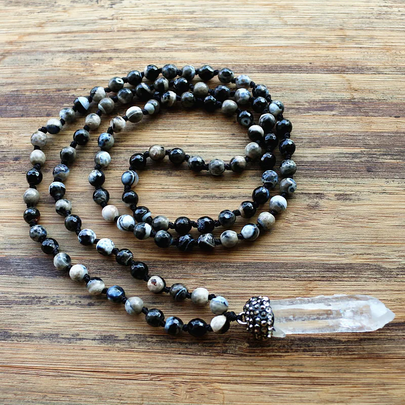 Белый кристалл кулон и 6 мм черный натуральный камень Розария цепь Mala ожерелье