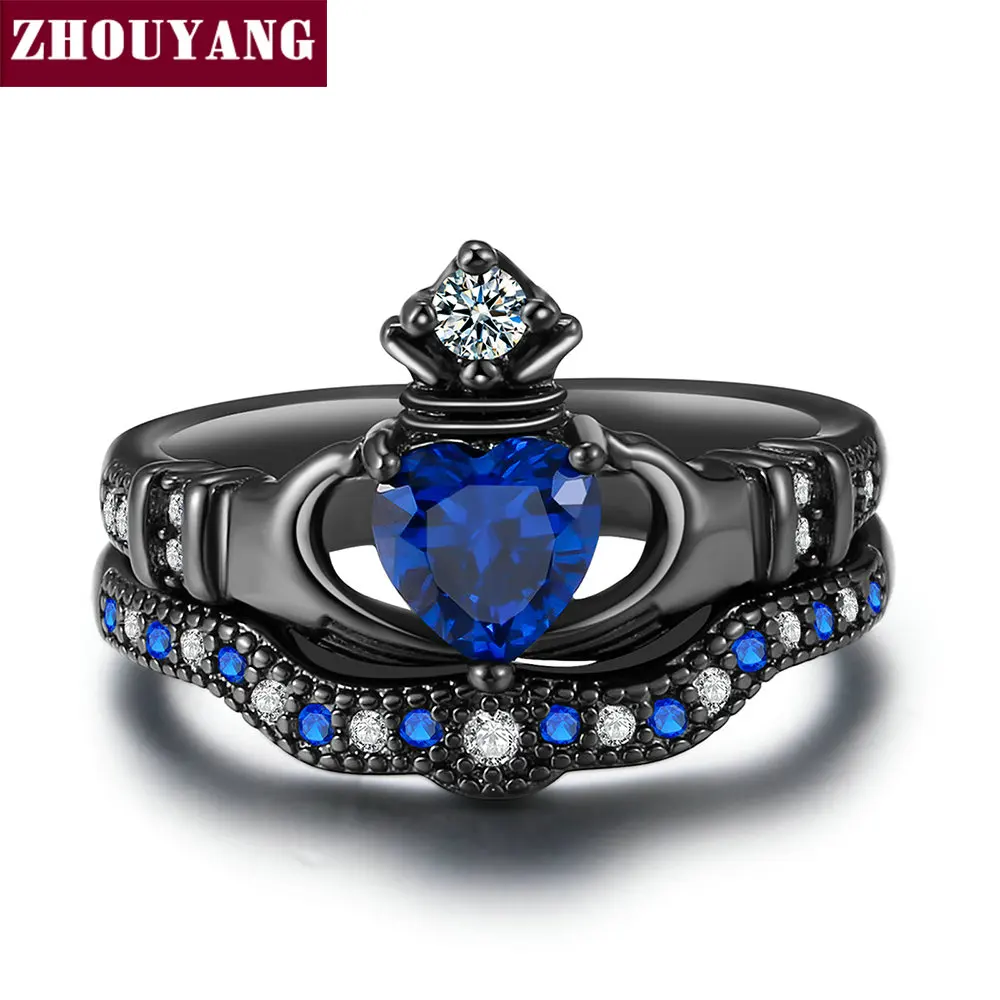 Black Gold Color Холдинг Создан Blue Crystal любовь Сердце Цирконий Корона Обручальное Кольцо Наборы Серебристый Цвет Синий Кристалл ZYR616 - Цвет основного камня: Black Gold Color
