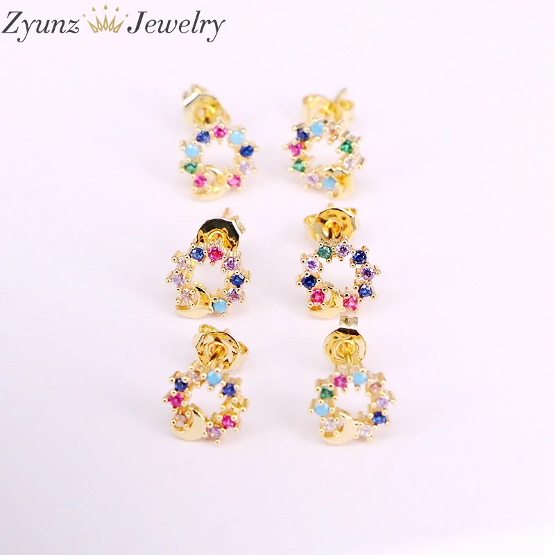 Женские серьги-пусеты круглой формы с радужным кристаллом 6 пар | Украшения и