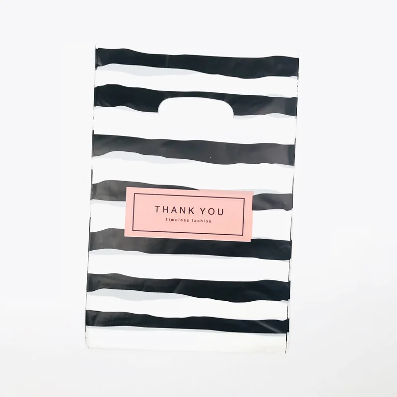 Pink Black Thank You 20x30cm Black White Stripes Plastic Handles Bag Plastic Boutique Jewelry Gift Bags With Handle 50pcs