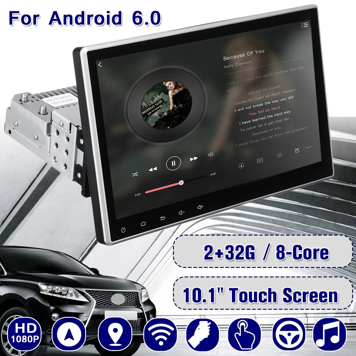 Автомобильный мультимедийный плеер 10,1 2G+ 32G для Android 6,0, автомобильная стерео 1DIN, 4 ядра, bluetooth, wifi, gps, Nav, четырехъядерный радио, видео, MP5 плеер
