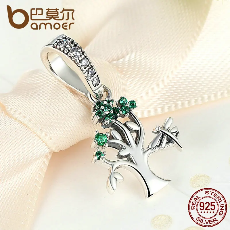 BAMOER из натуральной 925 пробы Серебряный яркий зеленый Древо жизни кулон талисманы подходят браслеты для женщин DIY Изготовление бусин и ювелирных изделий SCC117