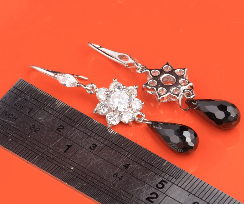 Dazzling Flowers Shape Black Onyx White Cubic zirconia 925 Sterling Silver Jewelry Drop Dangle Earrings For Women S5354