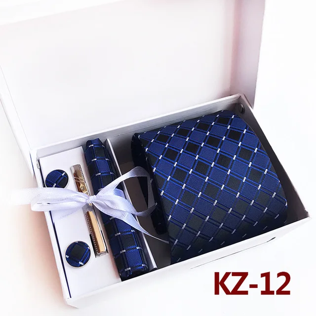 KZ12 Клетчатый Мужской комплект галстуков свадебный платок запонки зажим для галстука вечерние галстук карман квадратная коробка подарок - Цвет: KZ12