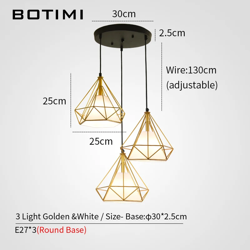 Golden-White-Round Светодиодный подвесной светильник BOTIMI в Юго-Восточной Азии с металлическим абажуром для столовой в помещении, подвесной светильник с тройным длинным баром - Цвет корпуса: Golden-White-Round
