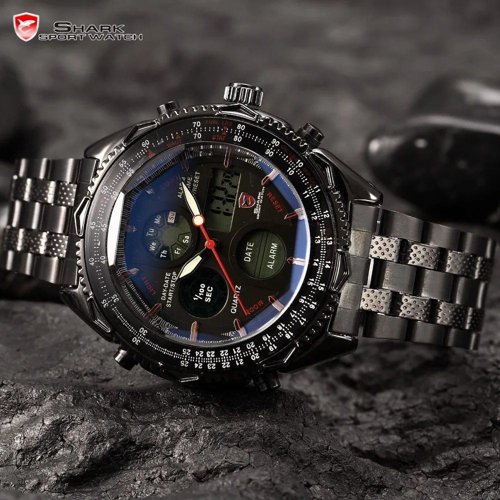 Акула цифровые часы ЖК-дисплей ремешок из нержавеющей стали Двойное движение