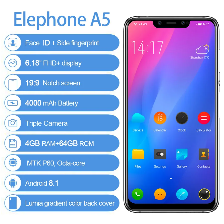 Elephone A5 6 18 &quot18 7: 9 Android 8 1 P60 MT6771 Четырехъядерный 4 ГБ ОЗУ 64 Гб ПЗУ 12 Мп + 20 МП