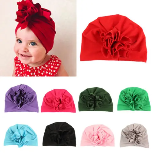 

Girls Boys Baby Child Flower Beanie Hats Solid Color Stretchy Turban Casual Hat Hair Head Wrap Cap
