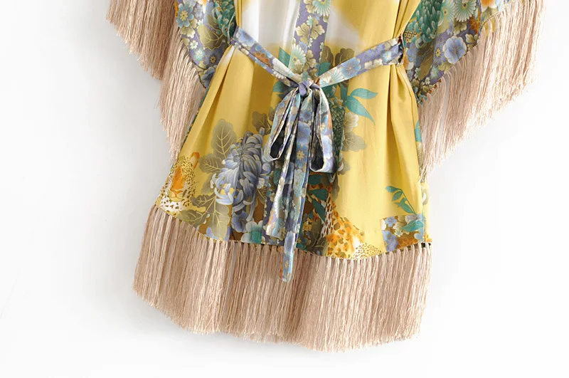 Винтажное кимоно Willow Tassel, сексуальное мини-платье с глубоким v-образным вырезом и поясом,, цветочный принт, летнее платье с рукавом, женские вечерние платья в стиле бохо