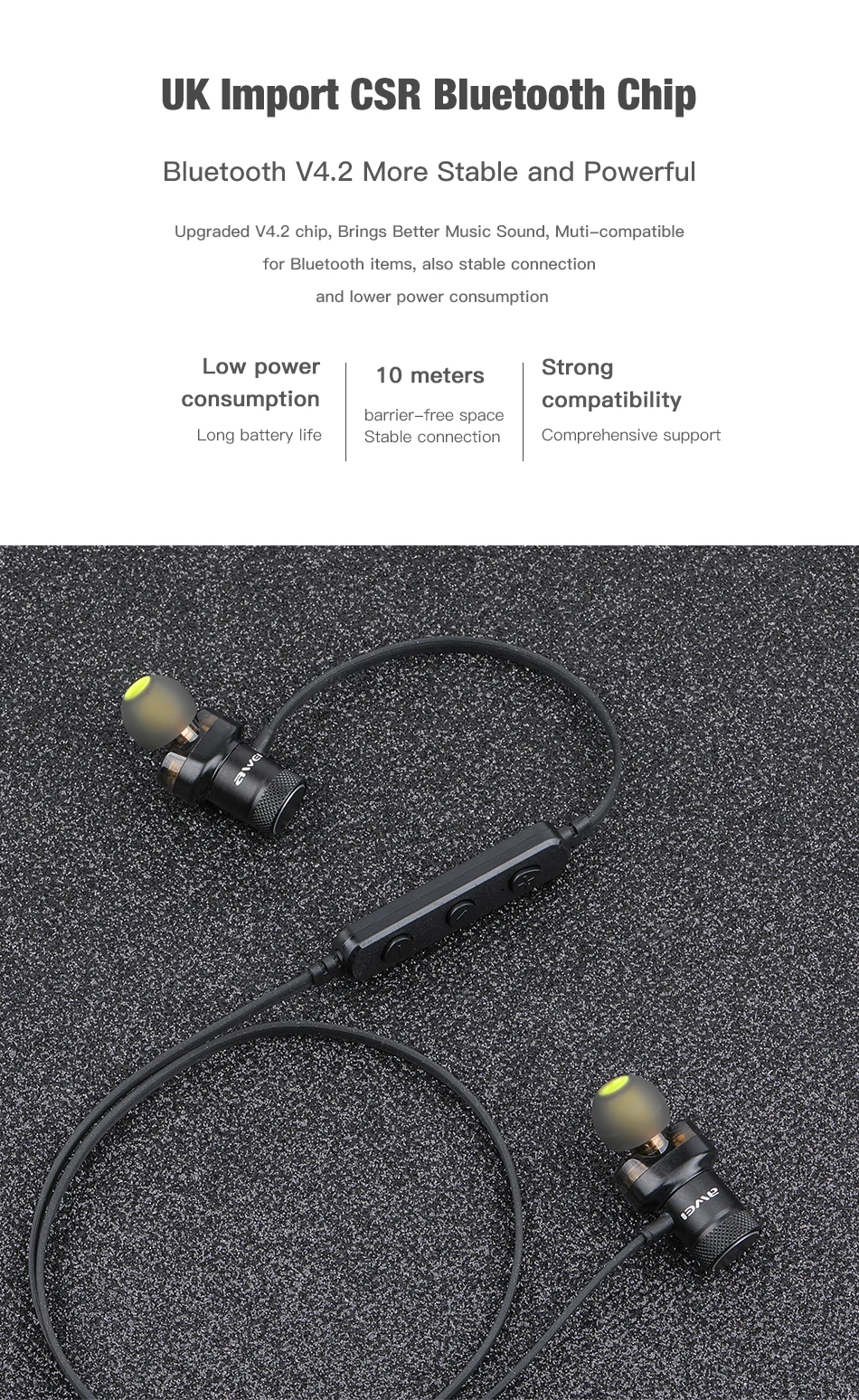 AWEI, Bluetooth наушники, беспроводные наушники, стерео, спортивные, в уши, проводные наушники, гарнитура с микрофоном для iPhone, Xiaomi, наушники
