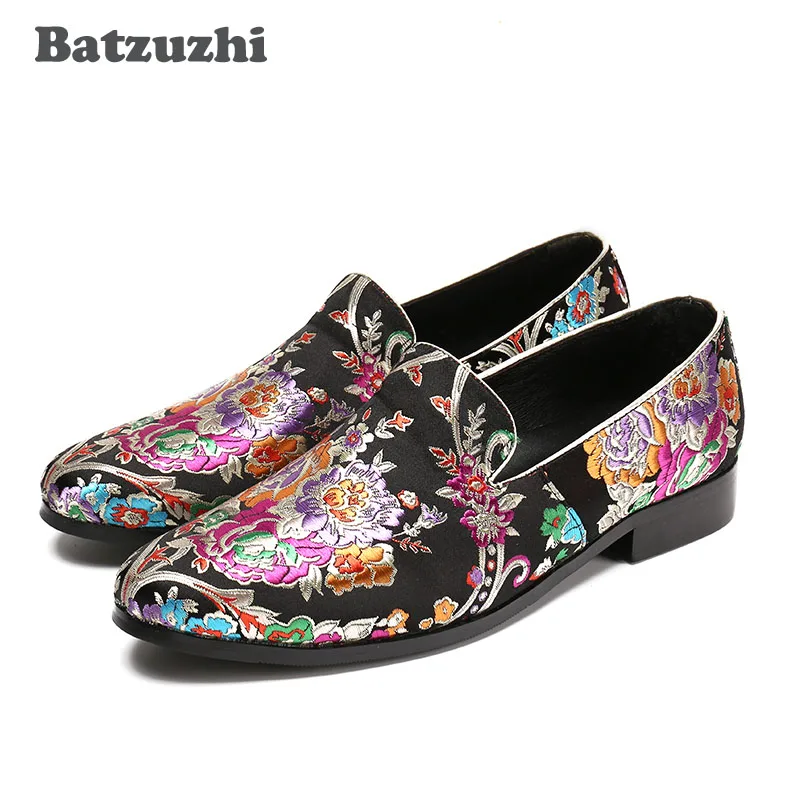 

Batzuzhi New Handmade Flowers Print Suede China Style Men Loafers Wedding and Party Men Shoes Fashion Men's Loafers, 38-46