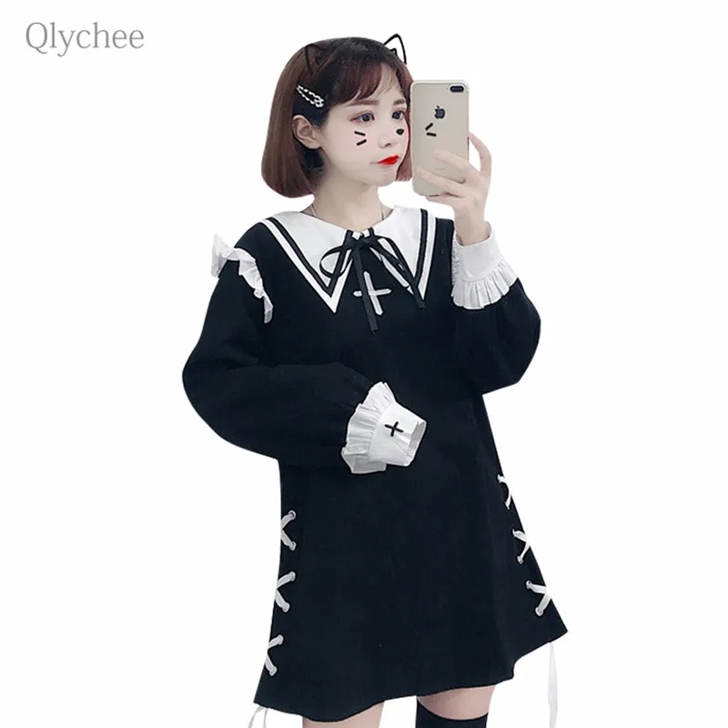 Qlychee/футболка в стиле Лолиты вышивка крестом с бантом со шнуровкой рюшами длинная