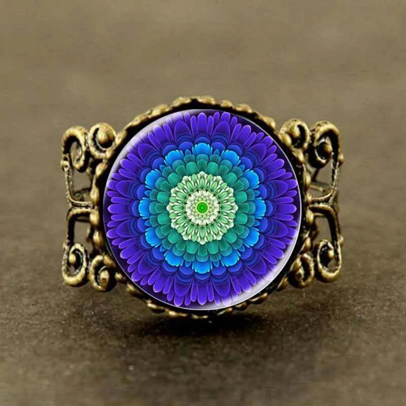 

Steampunk Mandala ring Religious jewelry Spiritual amulet Sacred geometry Mandala flower Gift Women cabochon