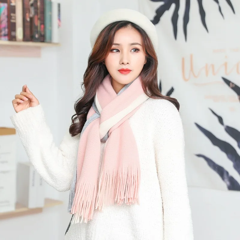 

2018 Winter girl scarf female students warm scarf gray more soft sister wool knitting male stripe Fashion brand bufanda mujer