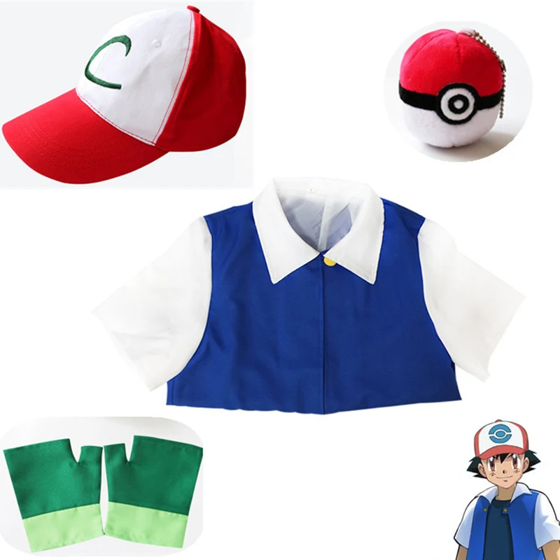POKEMON Ash Ketchum голубой костюм для косплея пальто + перчатки шляпа мяч ясень Кетчум