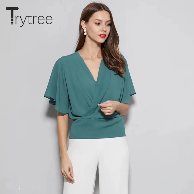 Trytree летний топ Женская блузка повседневная однотонная зеленая рубашка Топы