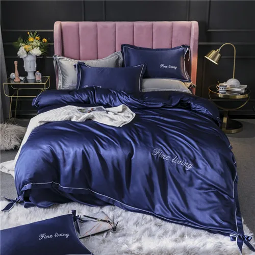 royal blue Вымытый Шелковый золотой комплект постельного белья 4 шт./компл. вышивка пододеяльник простыня на резинке, наволочка домашний текстильное постельное белье Комплект постельного белья - Цвет: royal blue